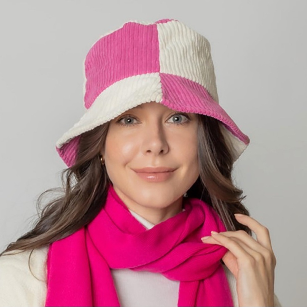 Do Everything In Love color block Pink & White Corduroy Bucket Hat NWT One Size